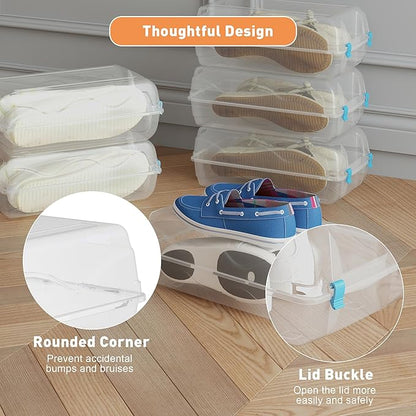 Shoe Organizer for Closet, 4 Pack Plastic Shoe Storage Boxes, Space Saving Stackable Shoe Storage Bins, Sneaker Storage Containers with Clear Lids for Display, Blue