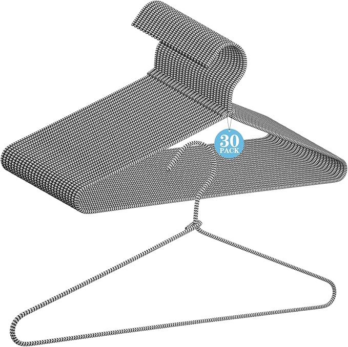 GlikCeil 30 Pcs Fabric Wrapped Metal Hangers Covered Wire Hanger Metal Coat Hangers Non Slip for Clothes Closet Clothing Suit Shirt Pant (Black and White,Stripe Style)