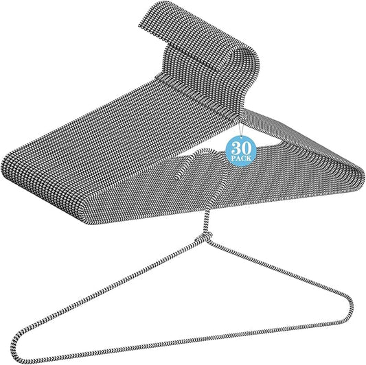 GlikCeil 30 Pcs Fabric Wrapped Metal Hangers Covered Wire Hanger Metal Coat Hangers Non Slip for Clothes Closet Clothing Suit Shirt Pant (Black and White,Stripe Style)