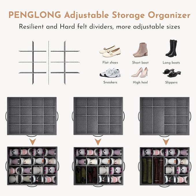 Adjustable Storage Bins for Closet, Wardrobe Clothes Organizer, Shoe Bin, Shoe Organizer, Toys, Closet Storage Solution with Clear Window (Felt Grey 32Pairs, 32Pairs)