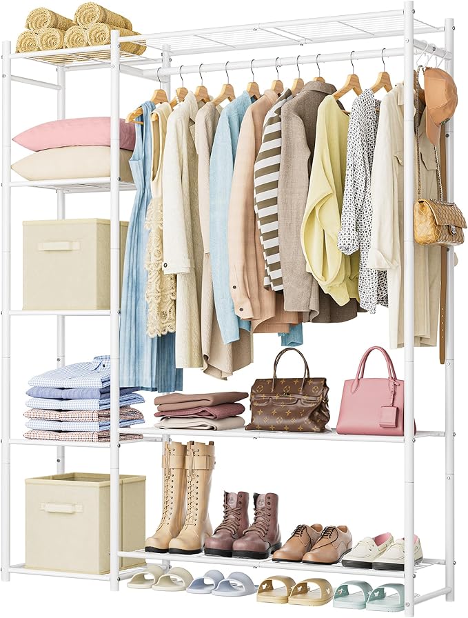 Wardrobe Closet,Portable Clothes Rack with 4 Tiers Shelves,Freestanding Closet Organizers and Storage System with Hanging Rods,Steel Clothing Rack Suitable for Cloakrooms,Bedrooms,Entrances,etc.White
