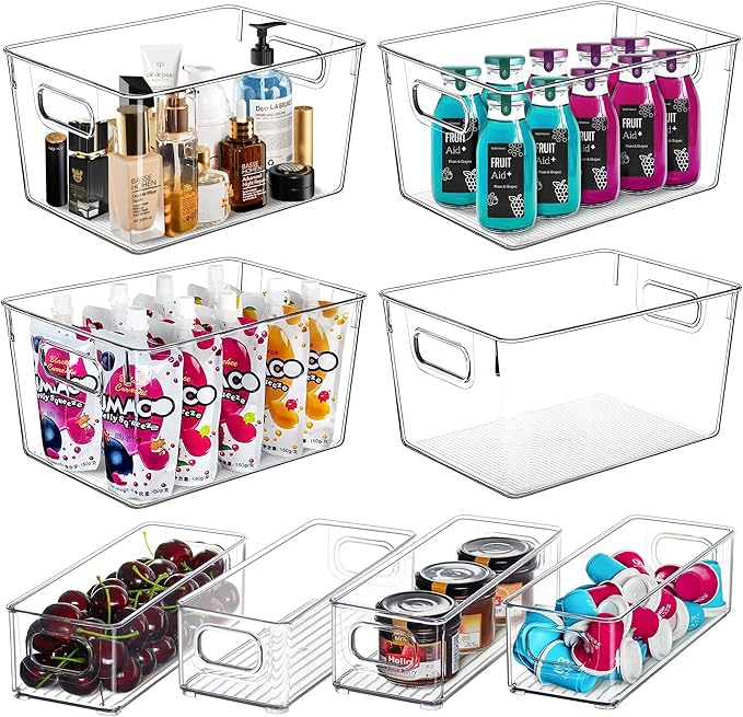 Qilinba Clear Storage Bins 8 Pack for Pantry Organizers, 4 Large Plastic Pantry Organizer Bins and 4 Small Stackable Storage Containers for Kitchen Cabinet, Home Edit, Freezer Fridge Organizer