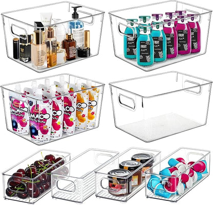 Qilinba Clear Storage Bins 8 Pack for Pantry Organizers, 4 Large Plastic Pantry Organizer Bins and 4 Small Stackable Storage Containers for Kitchen Cabinet, Home Edit, Freezer Fridge Organizer