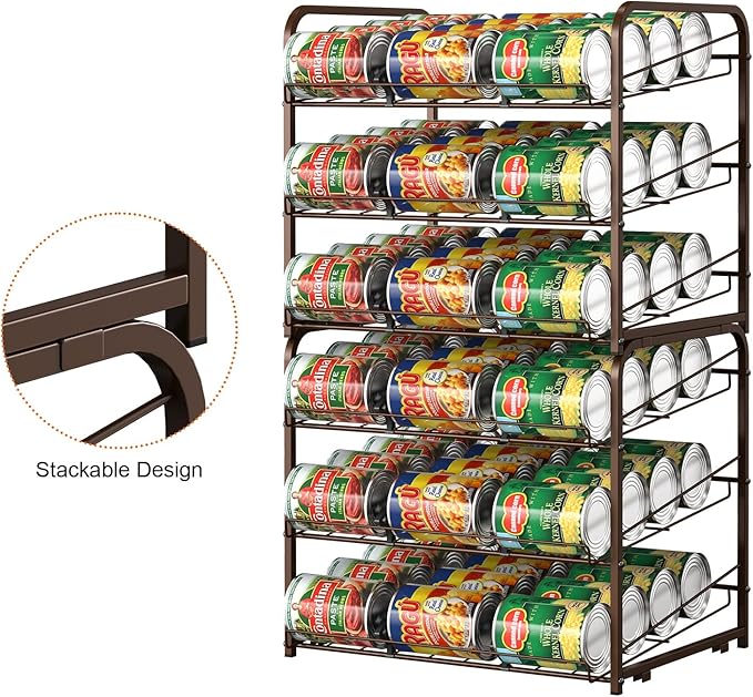 Shinoske Can Organizer for Pantry 2 Pack,3-Tier Stackable Can Organizer 2 in 1 Can Rack,72 Dispenser Holder Canned Food Organizer for Pantry Kitchen Countertop Storage,Brown