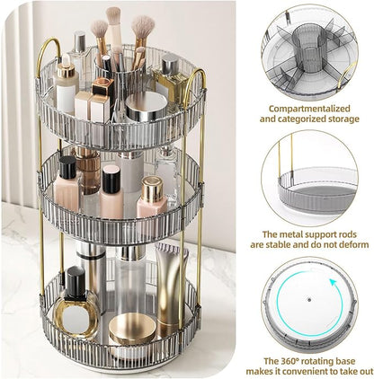 360° Rotating Makeup Organizer, Large-Capacity Skincare Make Up Storage 3 Tier Perfume Organizers Cosmetic Dresser Organizer with Makeup Brush Holder, Fits Bedroom, Bathroom, Vanity Shelf Countertop