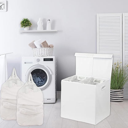 Simple Houseware Double Laundry Hamper with Lid and Removable Bags, White