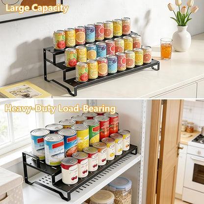 3 Tier Expandable Can Rack Organizer for Pantry, Adjustable 13"-21" Metal Soda Can Organizer, Pantry Organization Canned Food Storage Holder for Kitchen Cabinet Countertop, Black 1Pack