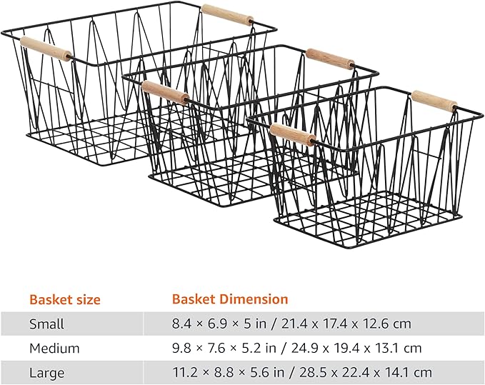 Amazon Basics Stackable Rectangular Wire Storage Baskets for Closet Organization, Set of 3, Multipurpose Home Organizer, Black