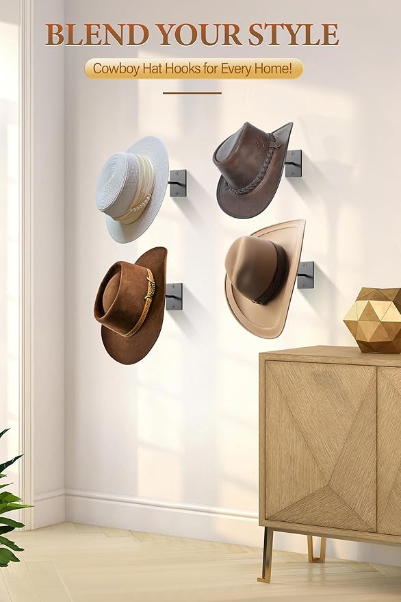 Cinati Cowboy Hat Rack for Wall, 4 Pack Cowboy Hat Holder Wall Mount, Western Rustic Metal Cowboy Hat Hanger, Hat Hooks for Cowboy Hat, Fedora, Sun Hats,Wide Brim Hat Organizer