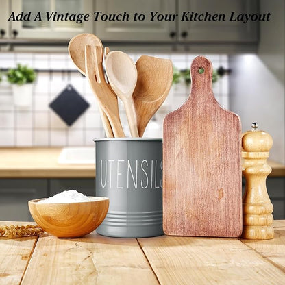 Bivvclaz Gray Kitchen Utensil Holder, 6.7" Utensil Holder for Counter, Cooking Utensil Crock with Cork Bottom, Modern Farmhouse Kitchen Decor, Countertop Utensil Storage Organizer Caddy