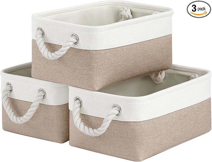 Storage Baskets for Shelves 11.8x7.9x5.2 Inch, Foldable Fabric Storage Bins with Handles, Small Storage Baskets for Organizing Closet, Office, Home Organization (3-Pack, White&Khaki)