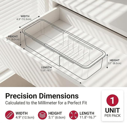 Li&Zhao Drawer Organizer- Adjustable Storage Bins with 5 Dividers, Gray Clear Drawer Organizer for Kitchen, Bedroom, and Office, Expandable clear organizer bins for Makeup, Utensils, and Gadgets