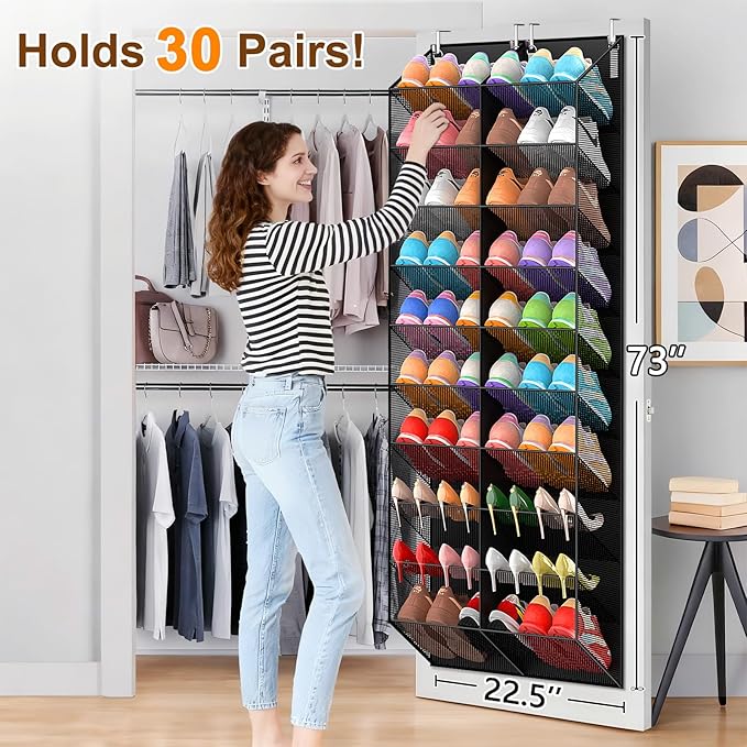 UVIAHOMI 20-30 Pairs Over the Door Shoe Organizer, Breathable Pocket Hanging Shoe Storage for Closet, 10-Tier Door Shoes Rack, Handing Shoes Holder Fit All the Family's Sneakers, Boots, Heels, Black