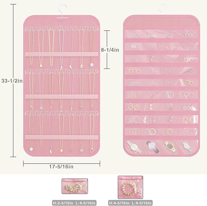 2-Pack Hanging Jewelry Organizer Storage, 40 Pockets 36 Hooks Necklace Earring Necklace Bracelet Ring Organizer, Double - Sided Design, Pink