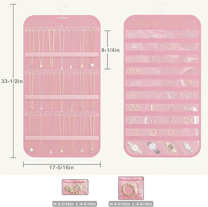 Hanging Jewelry Organizer Storage, 40 Pockets 36 Hooks Necklace Earring Necklace Bracelet Ring Organizer, Double - Sided Design, Pink