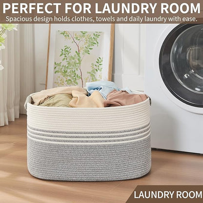 AINUOQI Laundry Basket with Handles - Blanket Basket & Hampers for Bedroom Aesthetic, Laundry Hamper & Blanket Storage for Living Room, Clothes Hamper, Tall, Large 21.7" x 16.9" x 11.8”, Grey