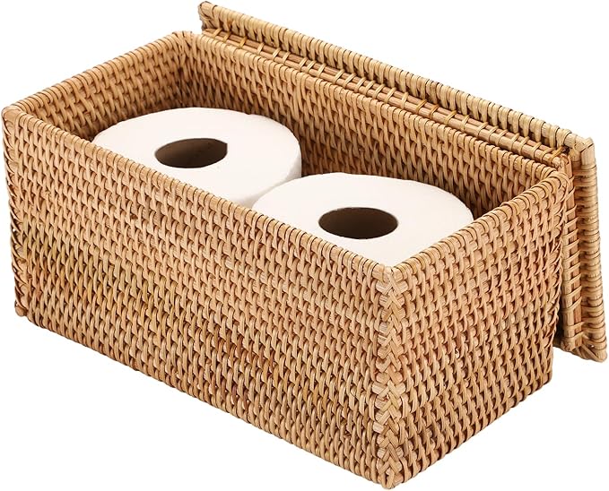 Hipiwe Rattan Basket Box with Lid Handwoven Wicker Storage Basket Bins Lidded Decorative Baskets Rectangular Household Baskets for Shelf Organizing Home Decor, 11.8"Lx6.2"Wx6.1"H