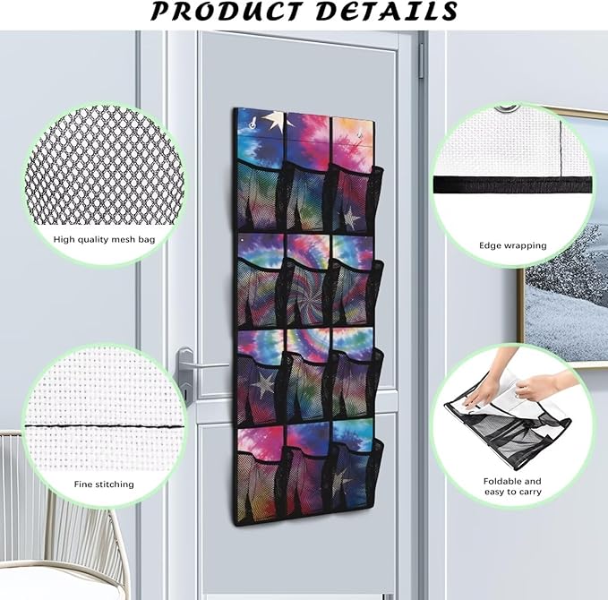 Tie-Dye Star Over Door Shoe Organizer, 12 Multi-Color Mesh Pockets Bohemian Style Hanging Storage for College Dorm & Teen Room Shoes & Accessories