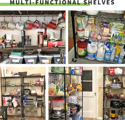 4 Tier Wire Shelving Unit 62" H x 36L x 14D Heavy Duty Metal Shelf 1400Lb Capacity Storage Shelves w/Wheels Adjustable Kitchen Storage Racks Wire Shelves for Pantry Garage, Black