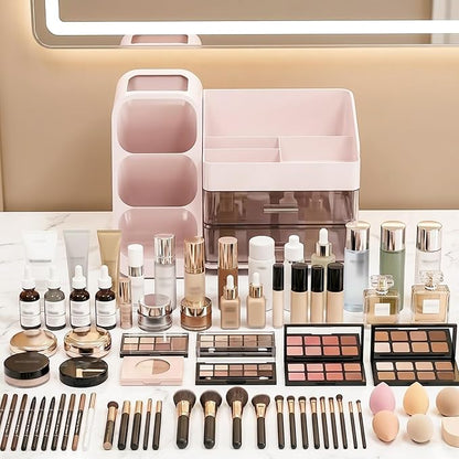 Large Capacity Makeup Organizer Countertop with Makeup Brush Holder for Vanity, Thickened Material, Bathroom Countertop Organizer Skin Care Perfumes Storage, Teen Girl Gifts for 12-23 Year（pink）