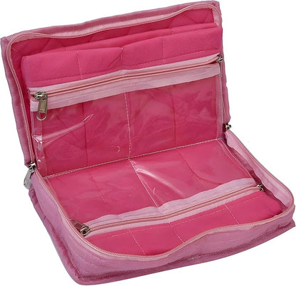 Kuber Industries Embroidery Design Satin Jewellery Pouch Cum Makeup Kit, Pack of 2 (Green & Pink)