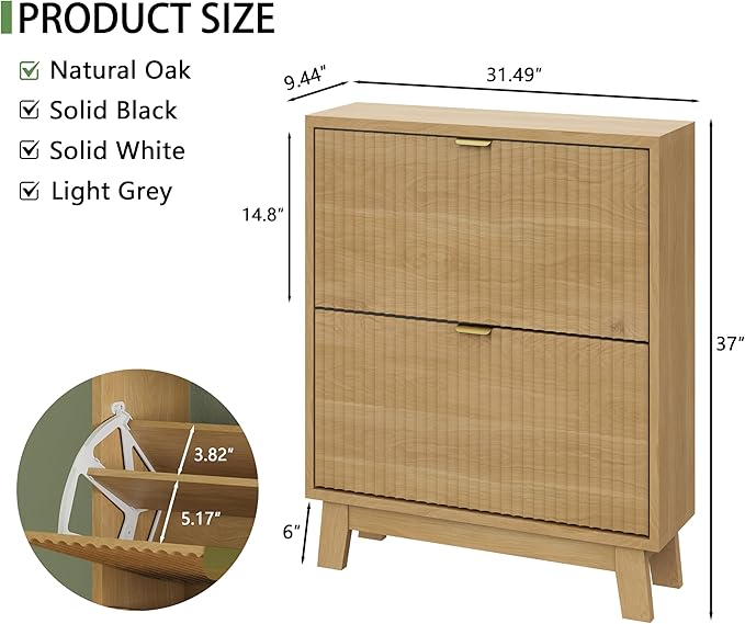 Xixini Shoe Cabinet with 2 Flip Drawers, 37" Tall Narrow Fluted Shoe Storage Organizer for Entryway, Hidden Slim Wooden Shoe Rack Cabinet for Front Door Entrance, Hallway, Living Room, Natural Oak