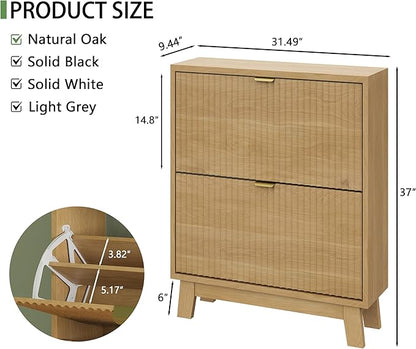 Xixini Shoe Cabinet with 2 Flip Drawers, 37" Tall Narrow Fluted Shoe Storage Organizer for Entryway, Hidden Slim Wooden Shoe Rack Cabinet for Front Door Entrance, Hallway, Living Room, Natural Oak