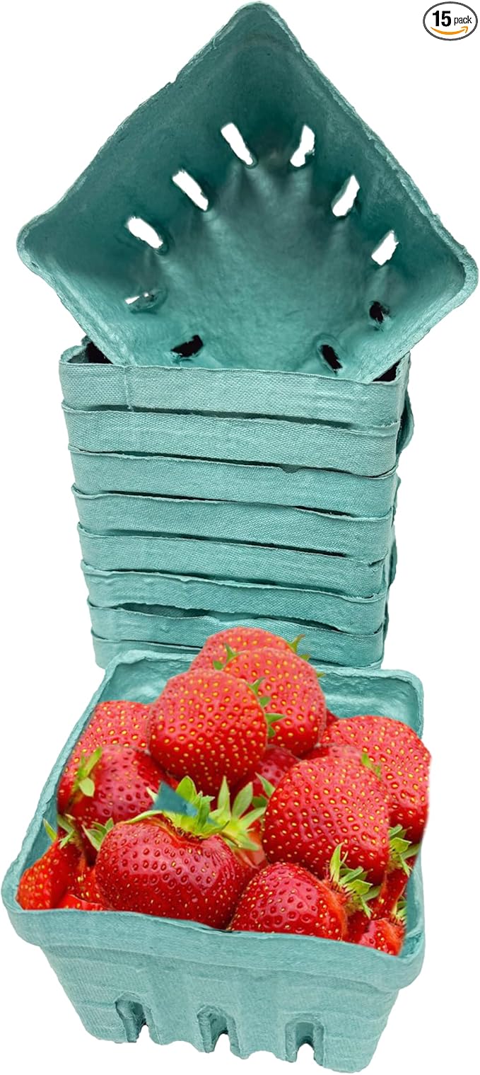 Hampton Distribution 15 Pack Green Berry Basket 1 Pint, Pulp Fiber Vented Produce Containers Farmers Market Basket, Fruit & Vegetable Containers