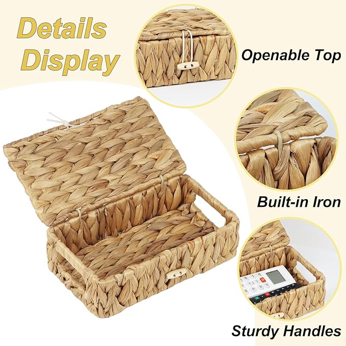 Small Basket with Lid, Wicker Storage Basket for Organizing, Rectangular Woven Basket for Storage, Water Hyacinth Decorative Boxes Bins with Lids (9" x 5.1" x 3")