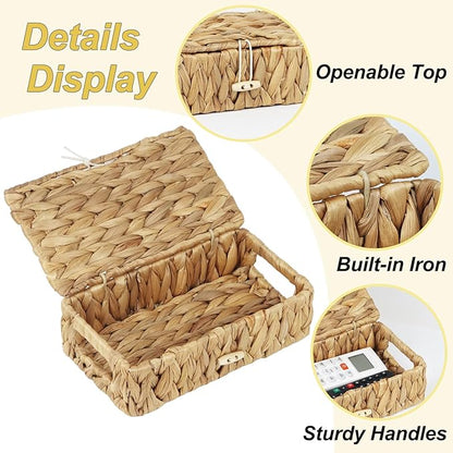 Small Basket with Lid, Wicker Storage Basket for Organizing, Rectangular Woven Basket for Storage, Water Hyacinth Decorative Boxes Bins with Lids (9" x 5.1" x 3")