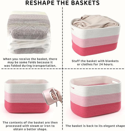 4 Pack Storage Baskets for Organizing, 12''Lx9''Wx8''H Woven Baskets for Storage Toys, Towels, Books, and Clothes, Cotton Rope Basket for Shelves with Handle White & Brown