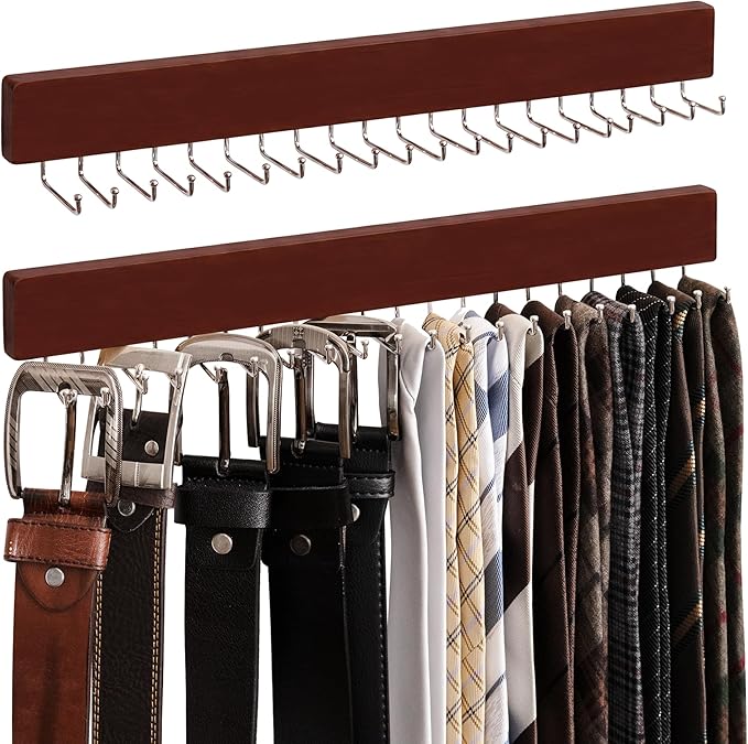 StorageWorks Tie Rack with 20 Hooks, 2-Pack Wall-Mounted Wooden Hangers for Neckties, Belts, Hats, Dark Cherry Color
