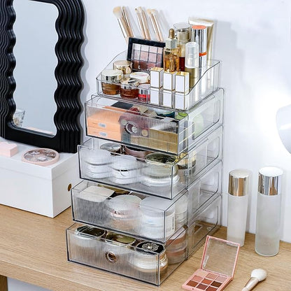 5-Tiers Makeup Organizer with Drawer for Vanity, Stackable Bathroom Storage Box for Beauty Essentials, Skincare Products, Cosmetic Brushes, Perfume Stand, Clear Lipsticks Holder