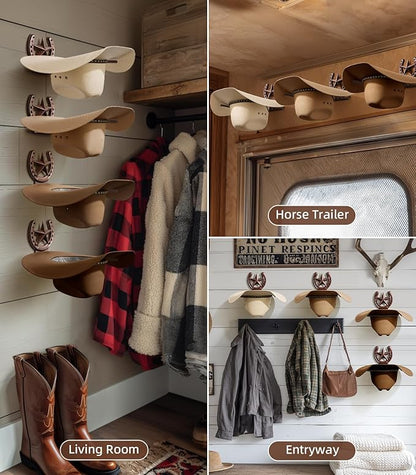 Cowboy Hat Rack Wall Mount,Cowboy Hat Holder for Wall,Western Home Decor,Hat Organizer for Caps,Rustic Horseshoe Star Metal Hat Hanger for Closet Horse Trailer Entryway Bedroom,4 Pack,Bronze