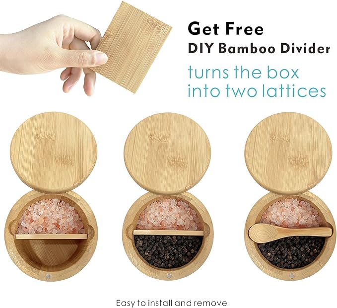 ThougrLyh Salt Box Bamboo Salt Container with Swivel Lid with Magnetic to Easily Open and Seal Salt Cellar With Spoon for Storing Salt Pepper Sugar Herbs Small Spice Box