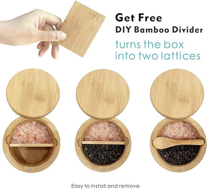 ThougrLyh Salt Box Bamboo Salt Container with Swivel Lid with Magnetic to Easily Open and Seal Salt Cellar With Spoon for Storing Salt Pepper Sugar Herbs Small Spice Box