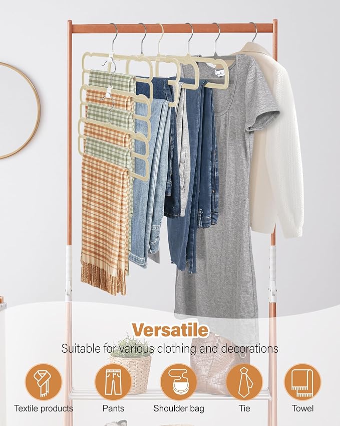 Velvet Pant Hangers, Felt Trouser Hangers for Women and Men, Heavy Duty, Space Saving, 13.77"(L) Slim Double Non-Slip Hanger, 360° Swivel Multiple Flocked Jean Hangers for Adult Teen 10 Pack (Beige)