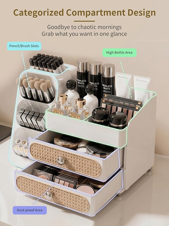 Booklov Makeup Organizer for Vanity, Large Capacity Cosmetic Display Case with Drawers, Countertop Beauty Storage Holder for Skincare, Brush Eyeliner Perfume Eyeshadow Lipsticks, Counter Desk, White