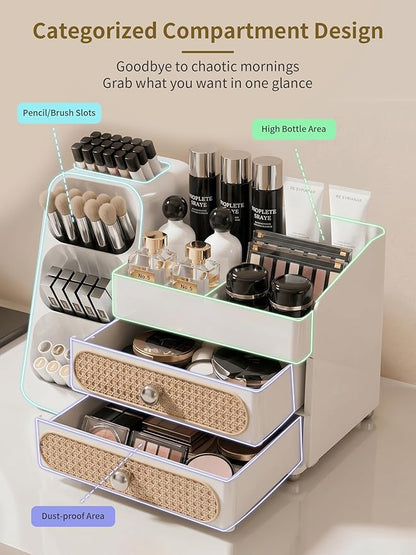 Booklov Makeup Organizer for Vanity, Large Capacity Cosmetic Display Case with Drawers, Countertop Beauty Storage Holder for Skincare, Brush Eyeliner Perfume Eyeshadow Lipsticks, Counter Desk, White
