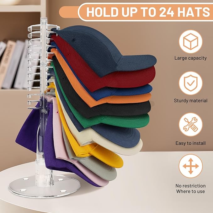 Hat Stand for Baseball Caps, Acrylic Hat Stand Holder Organizer, No Install Hat Racks for Display Storage 48 Baseball Caps for Bedroom, Closet, Dresser, 2PCS