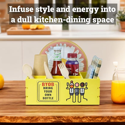 Utensil Holder for Party Farmhouse Crate Look - Yellow Napkin Paper Plate Dispenser for Countertop - Silverware Caddy for Plate, Cup, Fork, Spoon - Flatware Box Organizer for Outdoor Camping Picnic