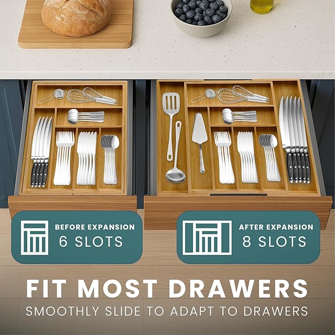 Sben Expandable Drawer Organizer for Utensils Holder, Adjustable Cutlery Tray, Wood Drawer Dividers Organizer for Silverware, Flatware, Knives for Kitchen (Bamboo, Medium)