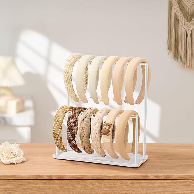 pickpiff Headband Holder Organizer Metal 2-Tier with Tray: Hair Accessories Display Stand Storage, Purse Charms Key Rings Rack Necklace Stand Home Bedroom for Girls Women, White