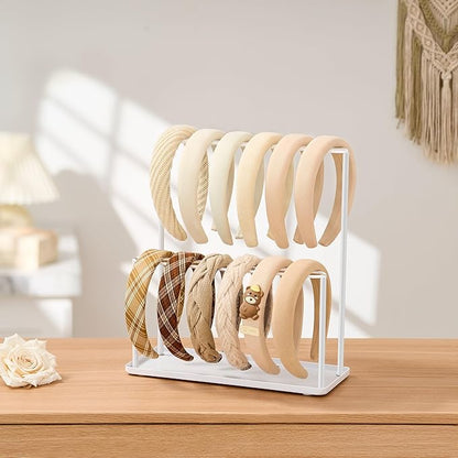 pickpiff Headband Holder Organizer Metal 2-Tier with Tray: Hair Accessories Display Stand Storage, Purse Charms Key Rings Rack Necklace Stand Home Bedroom for Girls Women, White