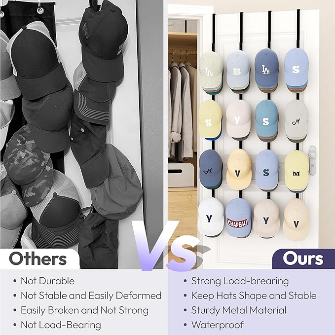 SWTYMIKI Over Door Hat Rack - 4 Packs Metal Hanging Hat Organizer with 16 Hooks Design, Baseball Cap Hanger Organizer Storage Holds up to 80 Caps for Door, Bedroom, Closet