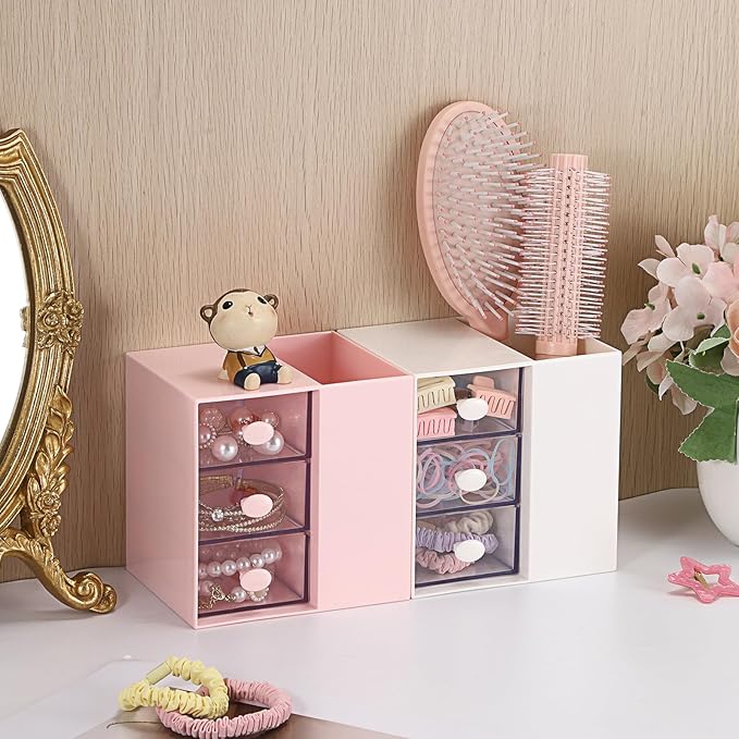 Plastic Hair Accessories Organizer with Comb Holder Makeup Container Jewelry Storage Box for Vanity Bathroom Countertop, Pink