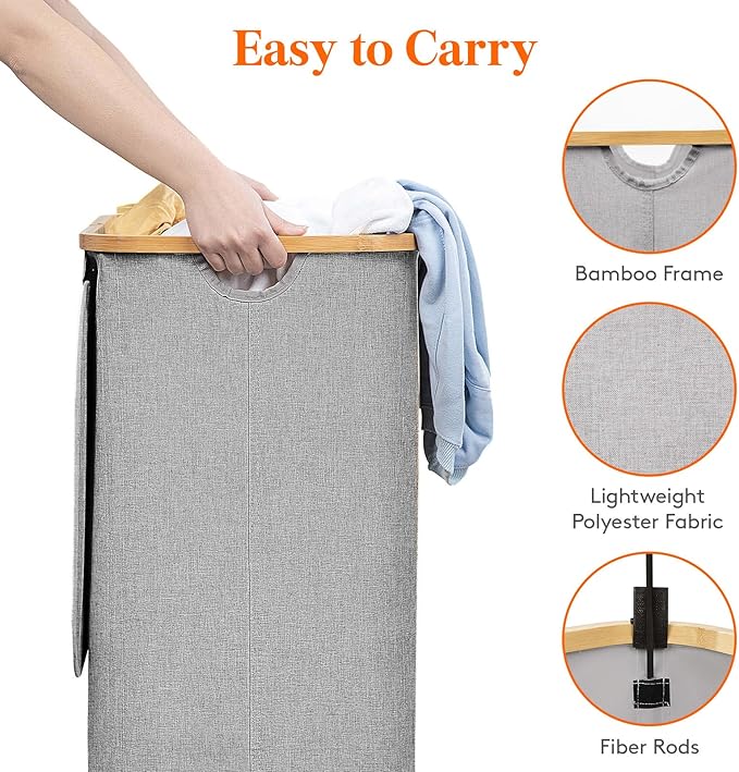 Lifewit 80L Laundry Basket with Lid, Clothes Hampers for Laundry with Bamboo Handles and 1 Removable Bag, Large Foldable Laundry Hamper for Bedroom, Bathroom, Dorm, Laundry Room, Light Gray
