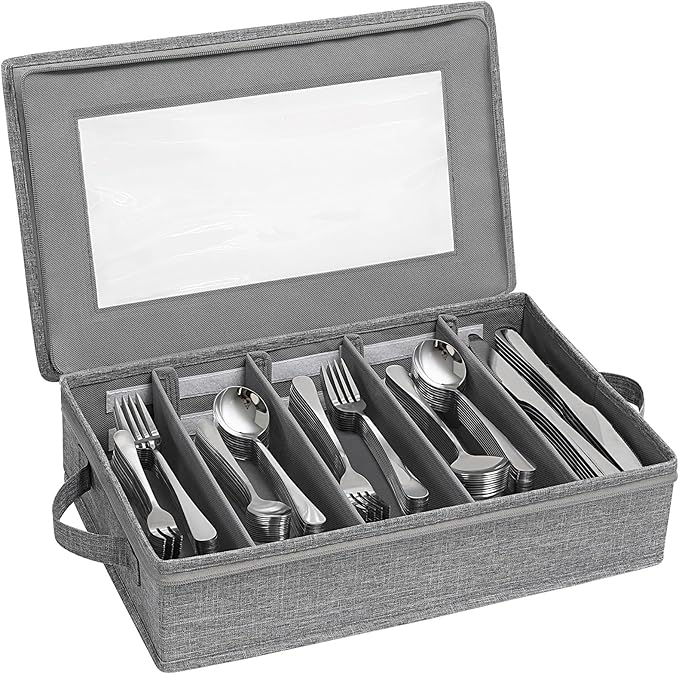 Lifewit Silverware Storage Box, Covered Flatware Organizer with Zipper Lid, 5 Compartment Cutlery Case with Adjustable Divider and Handle, Utensil Container for Spoon Fork Knives, 1 Pack