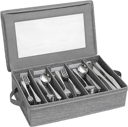Lifewit Silverware Storage Box, Covered Flatware Organizer with Zipper Lid, 5 Compartment Cutlery Case with Adjustable Divider and Handle, Utensil Container for Spoon Fork Knives, 1 Pack