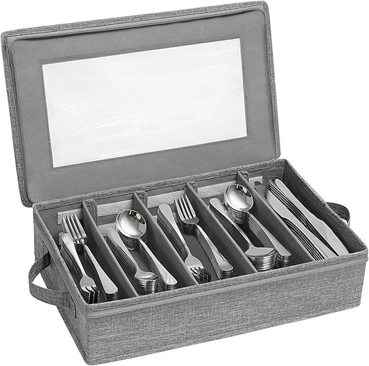 Lifewit Silverware Storage Box, Covered Flatware Organizer with Zipper Lid, 5 Compartment Cutlery Case with Adjustable Divider and Handle, Utensil Container for Spoon Fork Knives, 1 Pack